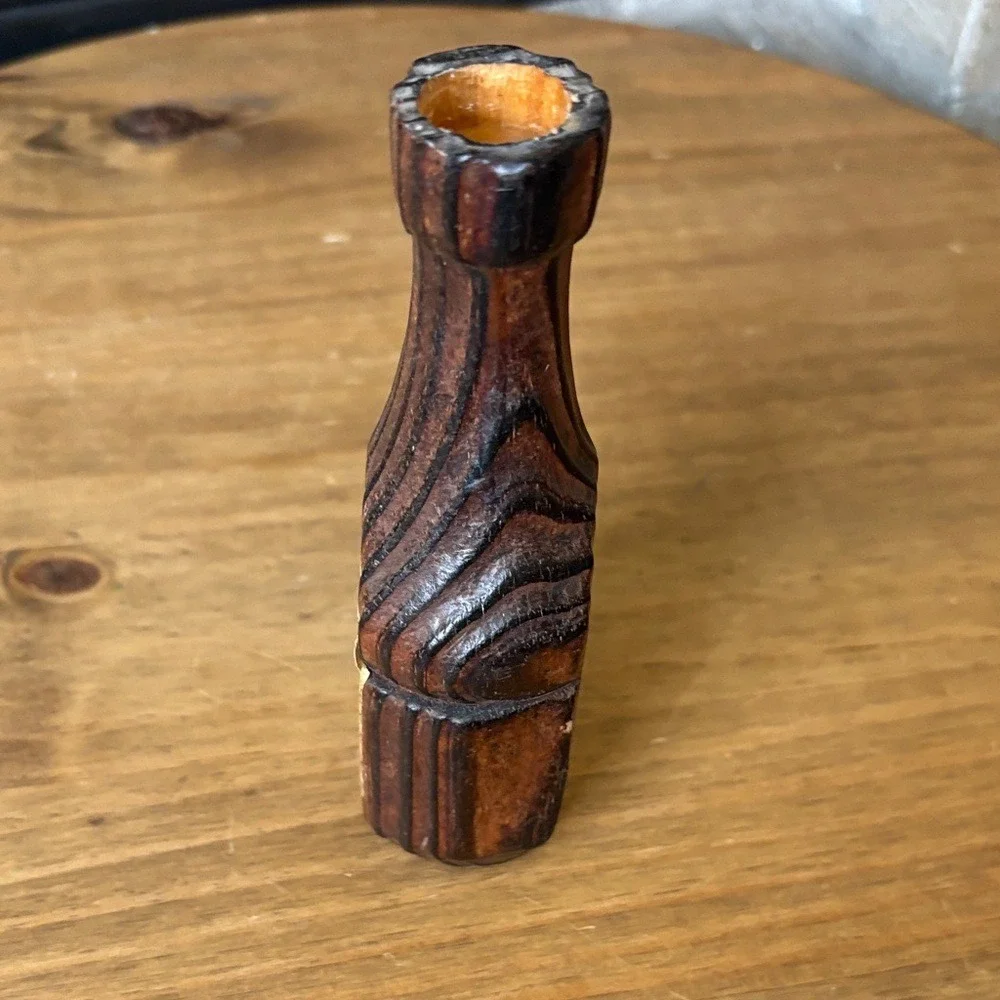 Vintage Wooden Hand Carved Bottle Taper Candle Holder w/Crest Accent 5.85